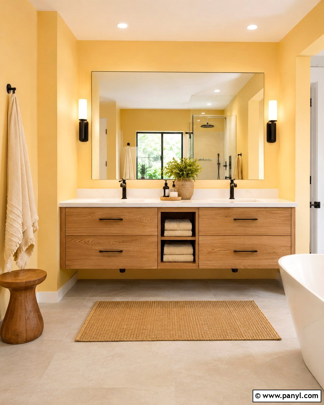 Yellow Bathroom Walls With Wood Vanity - 20 Yellow Walls Bathroom Ideas