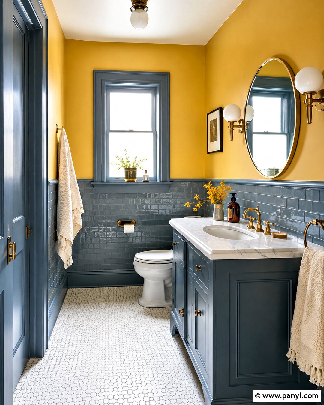 Yellow Bathroom With Blue Tile Trim - 20 Yellow Wall With Blue Trim Ideas