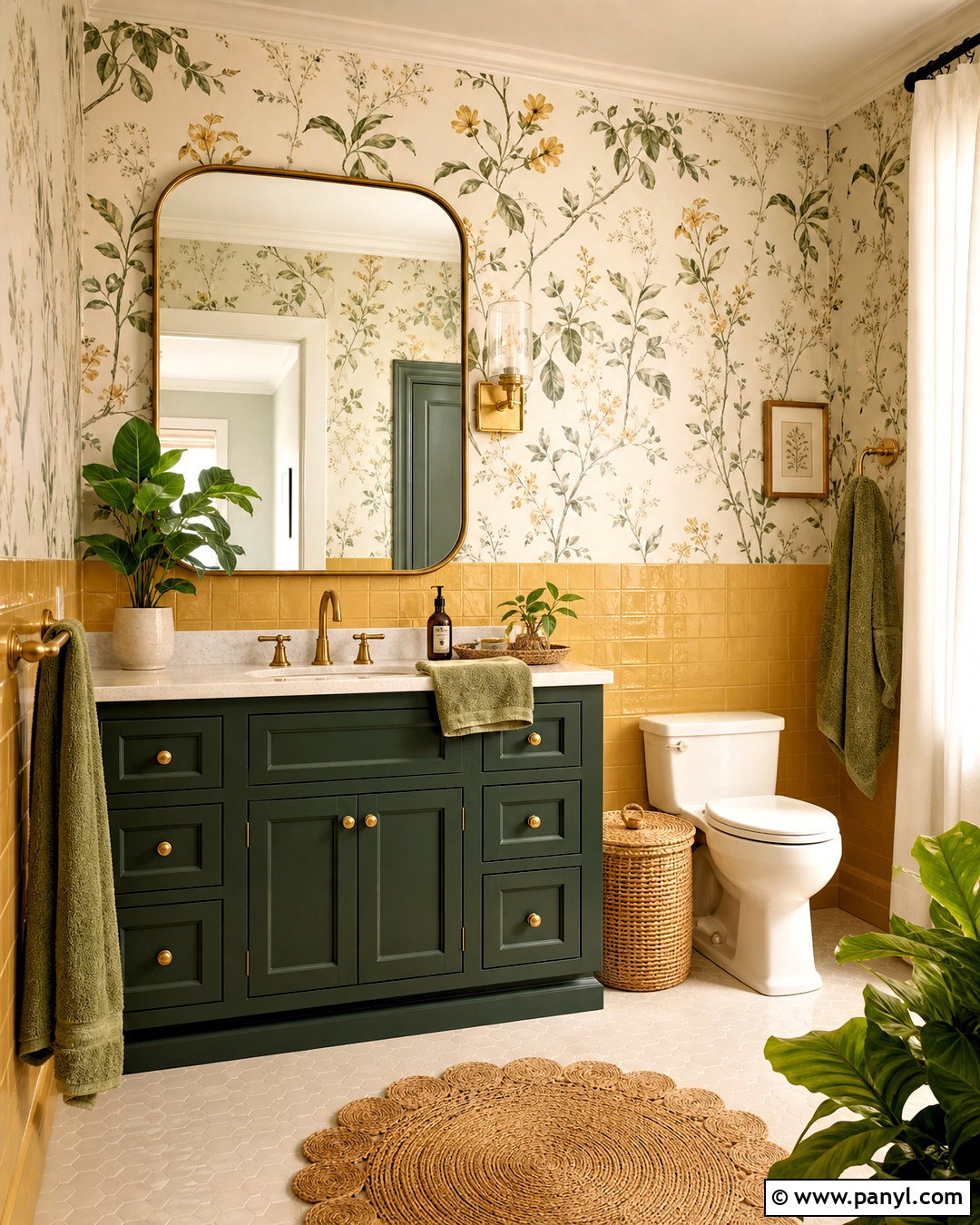 Yellow Bathroom With Botanical Wallpaper - 20 vintage yellow bathroom ideas