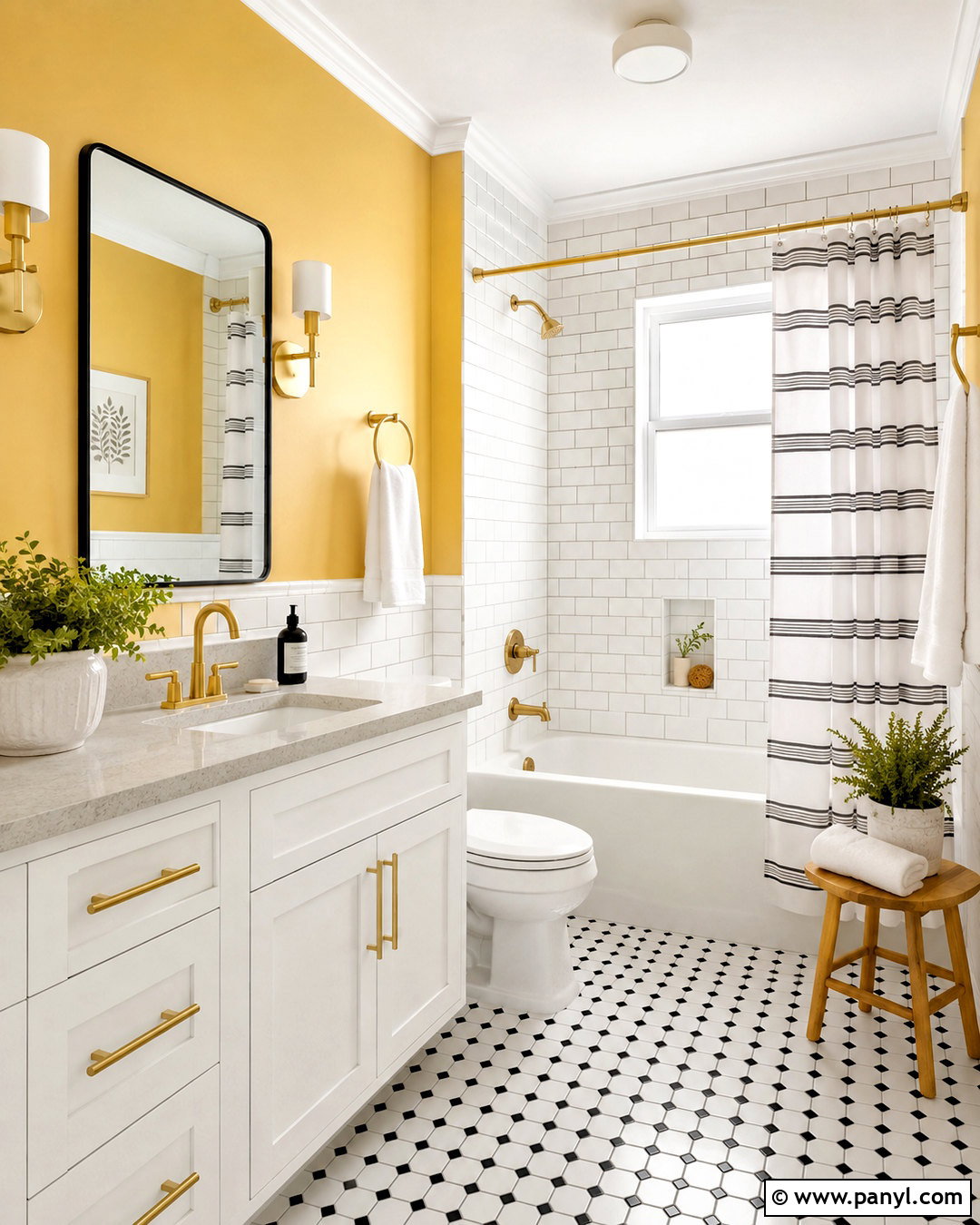 Yellow Bathroom With White Tile - 35 Yellow Wall Room Ideas