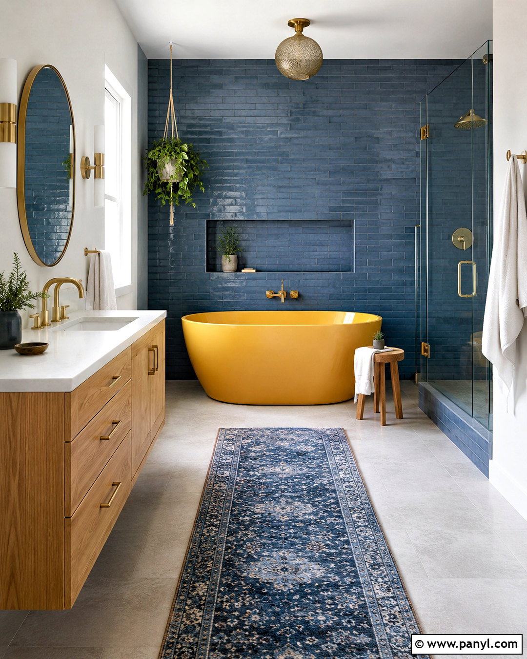 Yellow Bathtub With Blue Wall Tile - 20 blue and yellow bathroom ideas