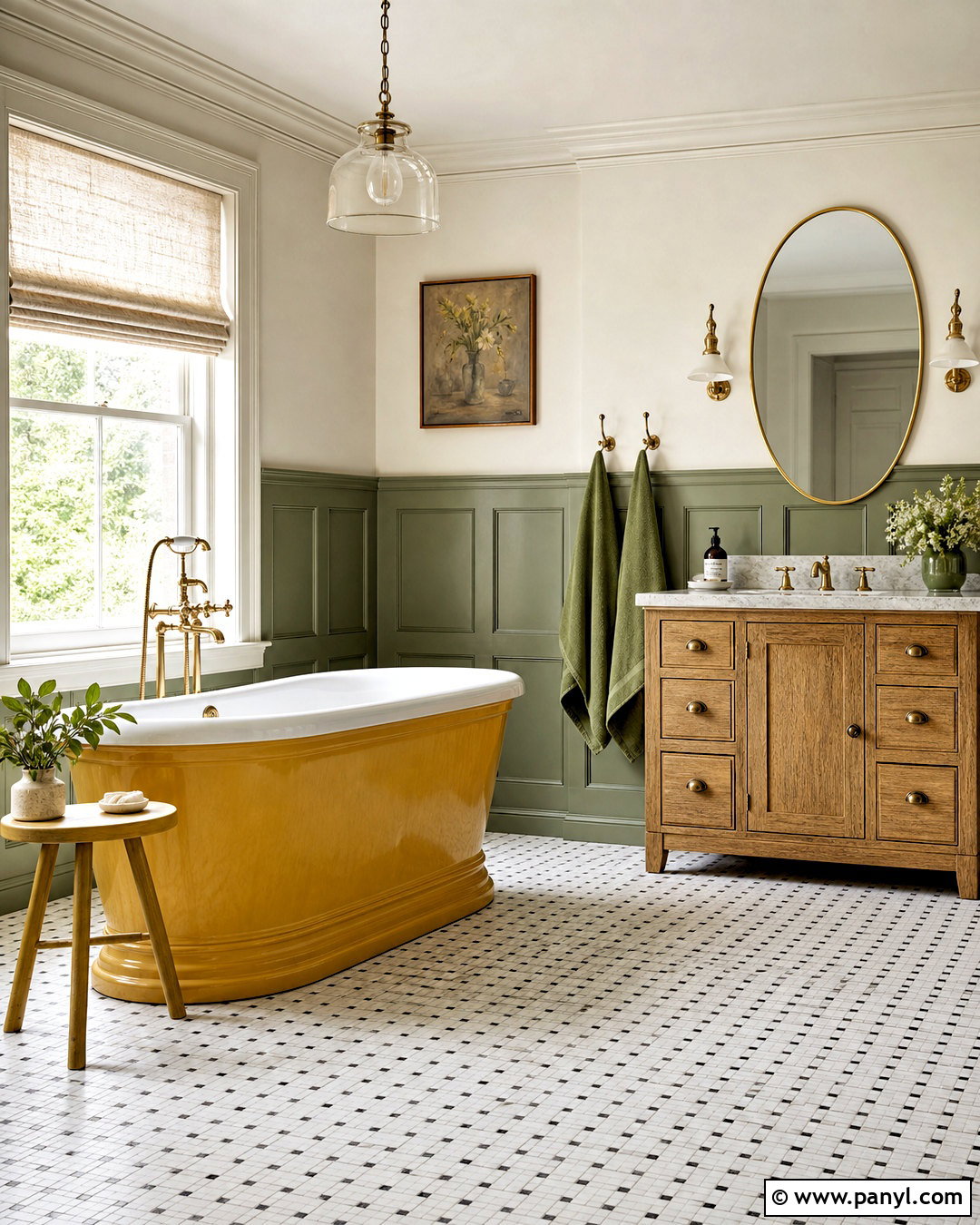 Yellow Bathtub With Green Wall Paneling - 20 green and yellow bathroom ideas