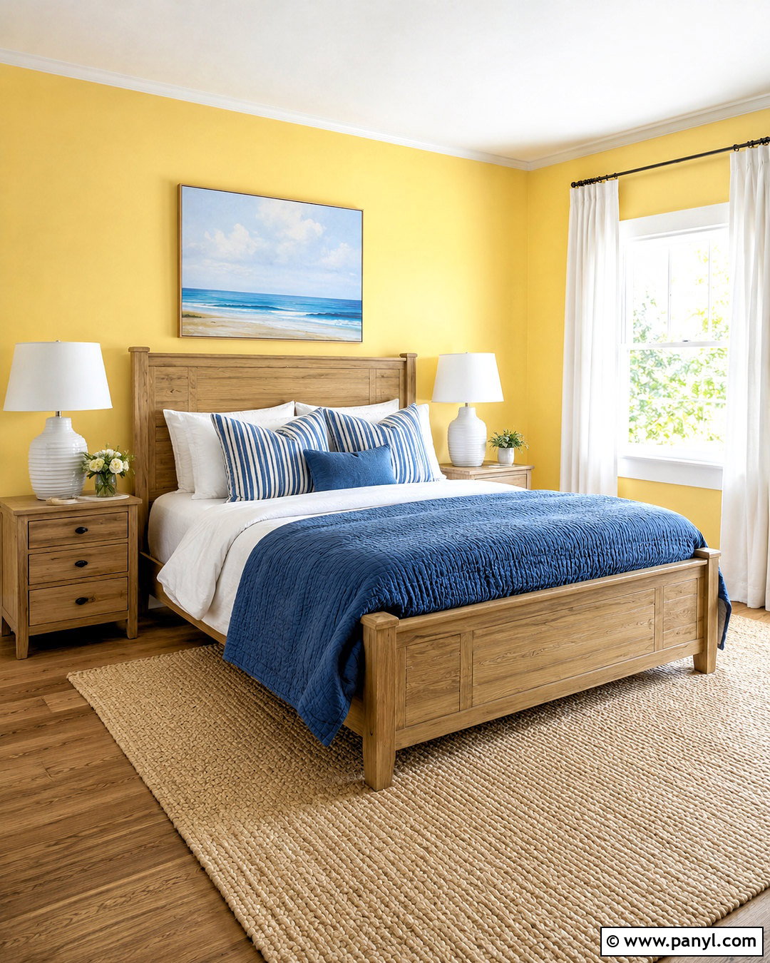 Yellow Bedroom With Blue Bedding - 35 Yellow Wall Room Ideas