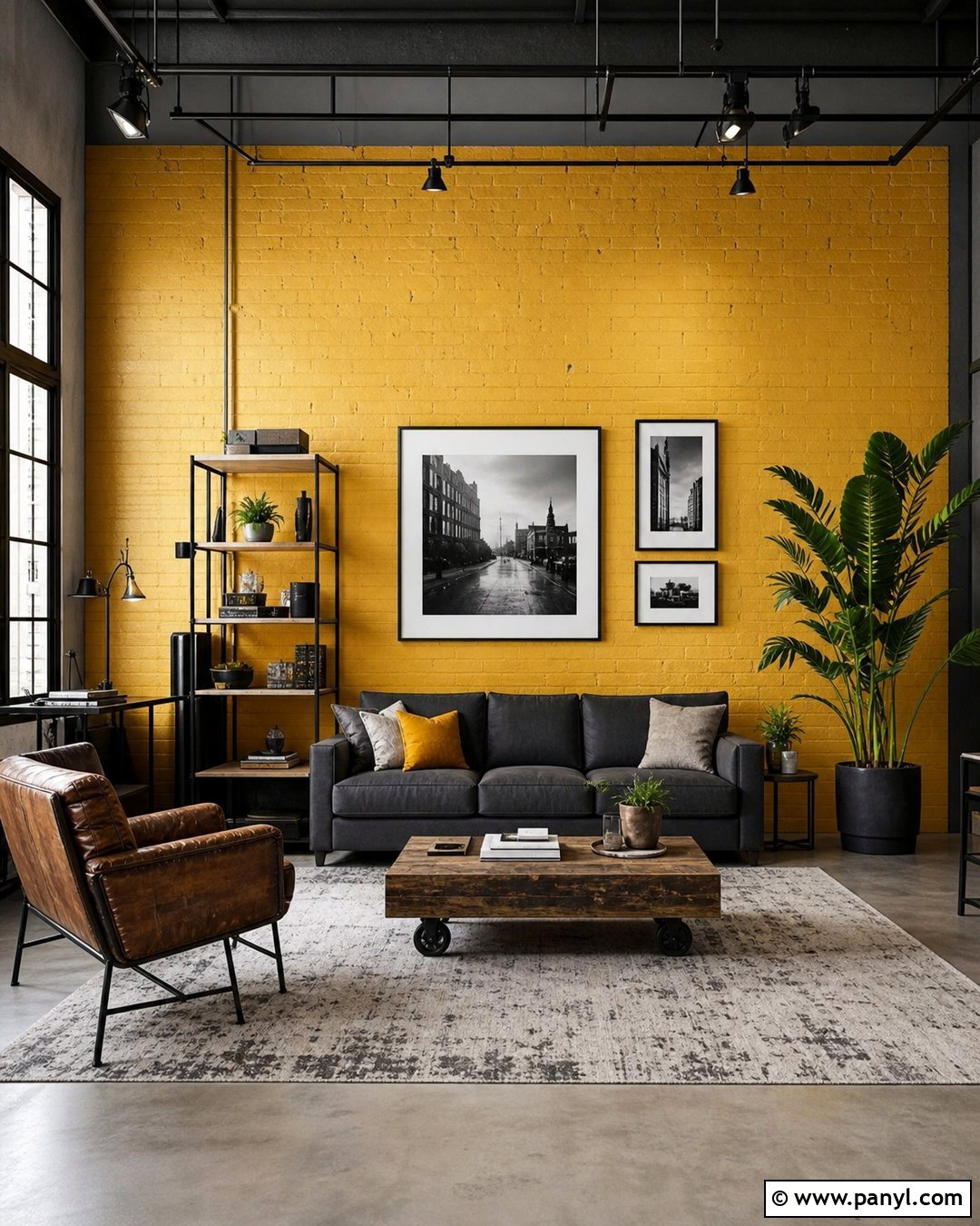 Yellow Brick Accent Wall With Industrial Decor - 25 Yellow Accent Wall Living Room Ideas