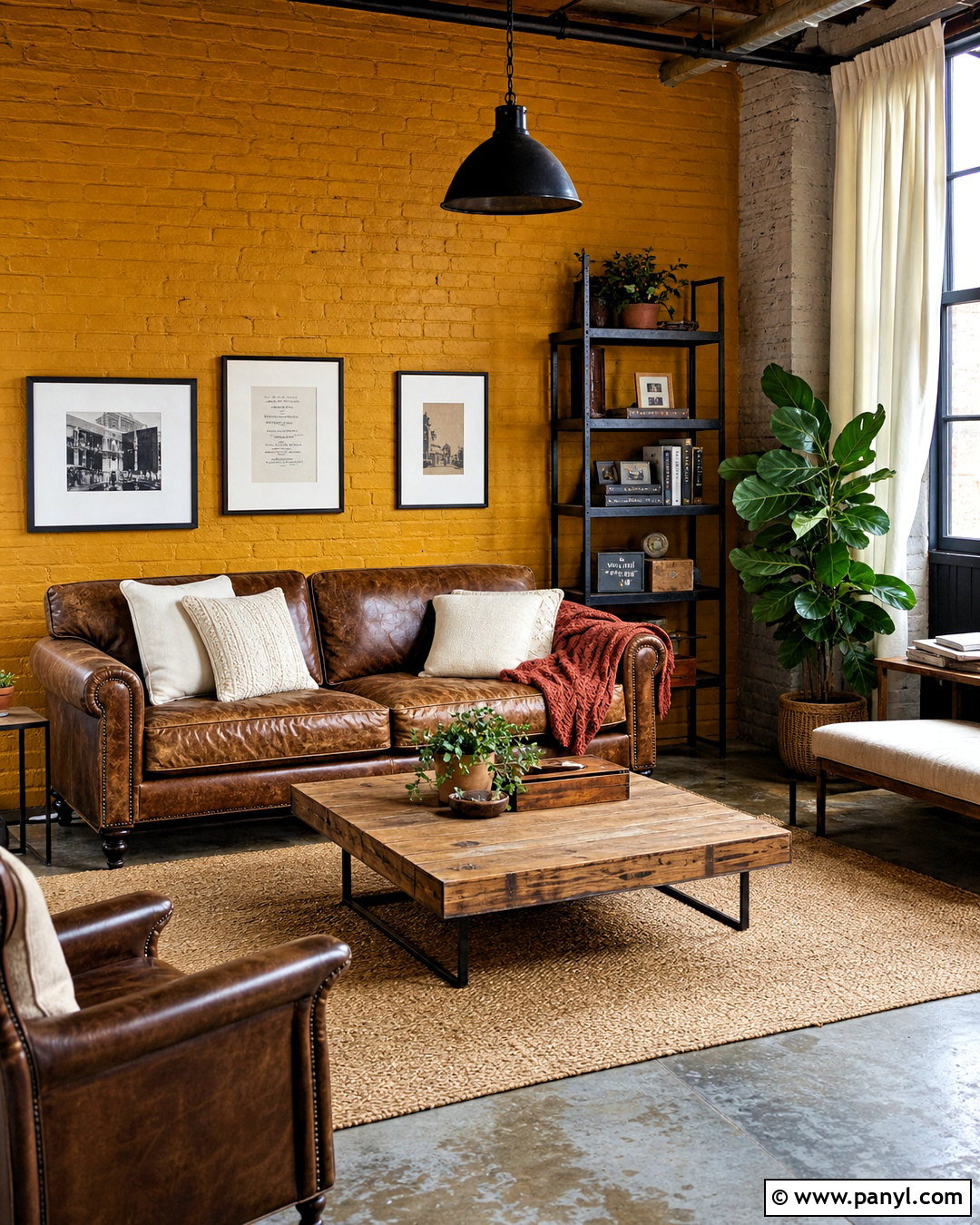 Yellow Brick Feature Wall With Brown Leather Sofa - 20 yellow feature wall living room ideas