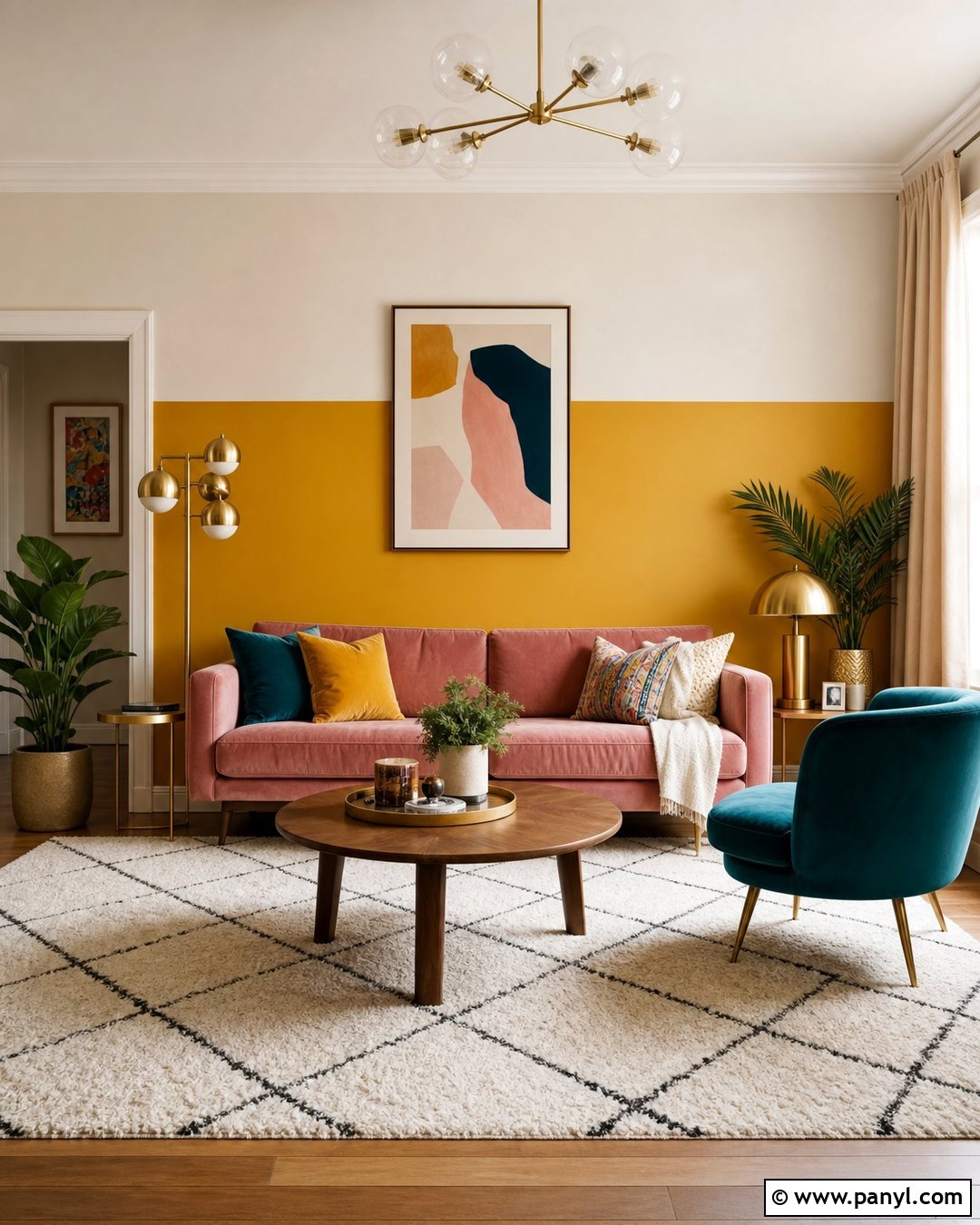 Yellow Color Block Accent Wall With Pink Sofa - 25 Yellow Accent Wall Living Room Ideas