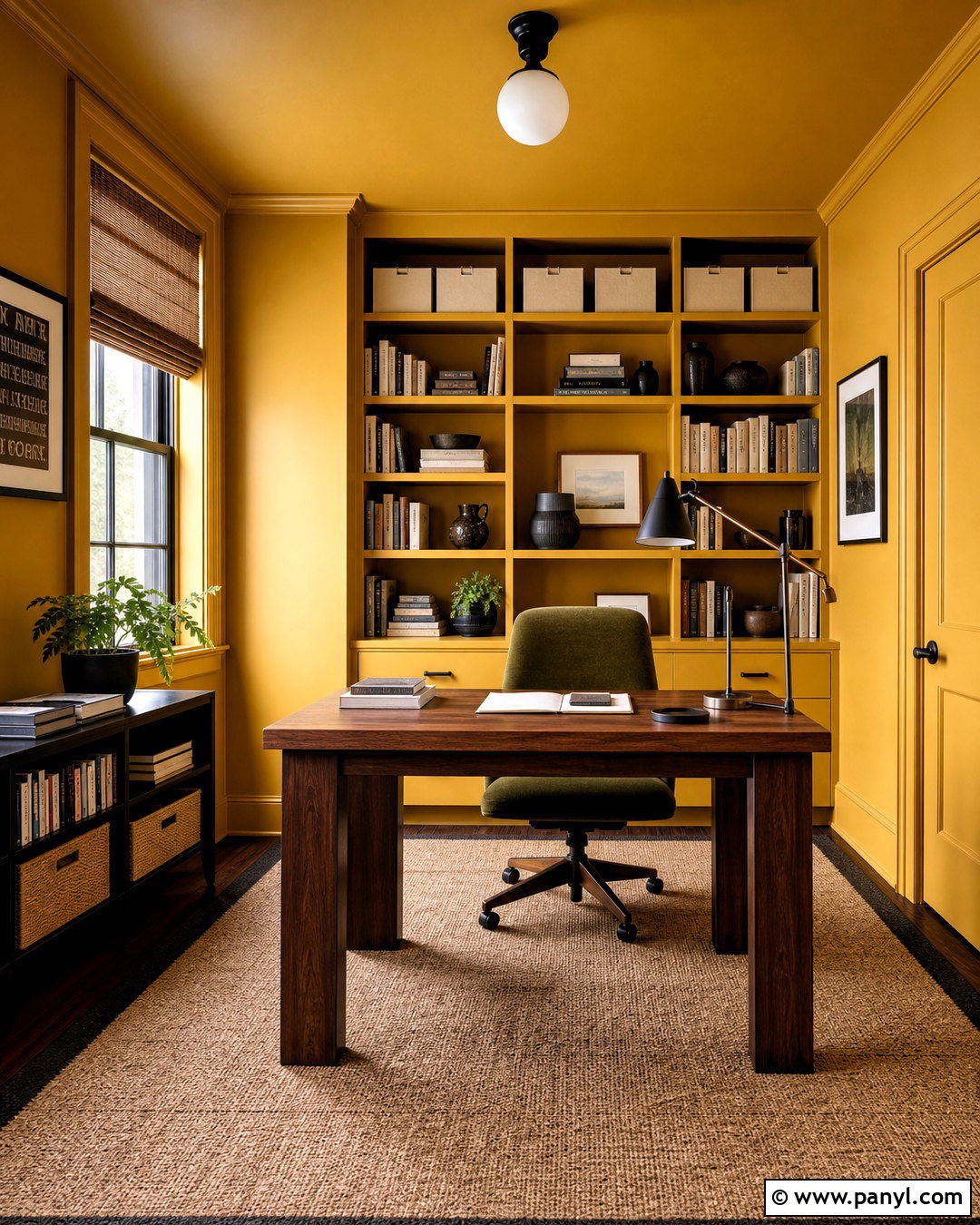 Yellow Color-Drenched Home Office - 20 yellow wall painting ideas