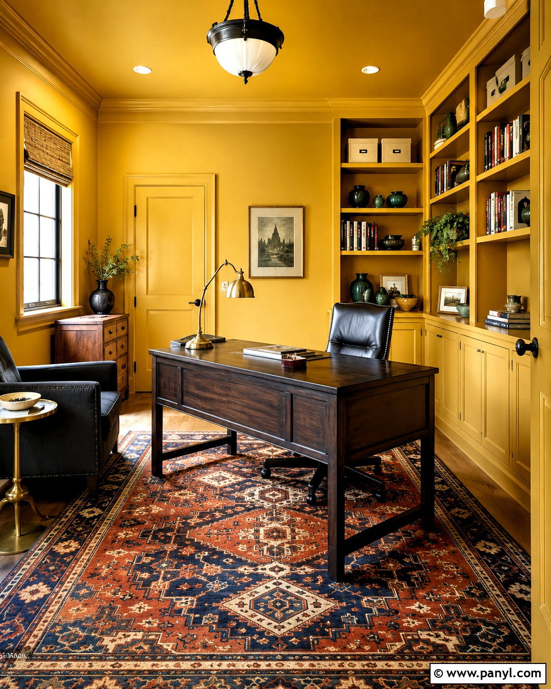 Yellow Color Drenched Home Office - 35 Yellow Wall Room Ideas