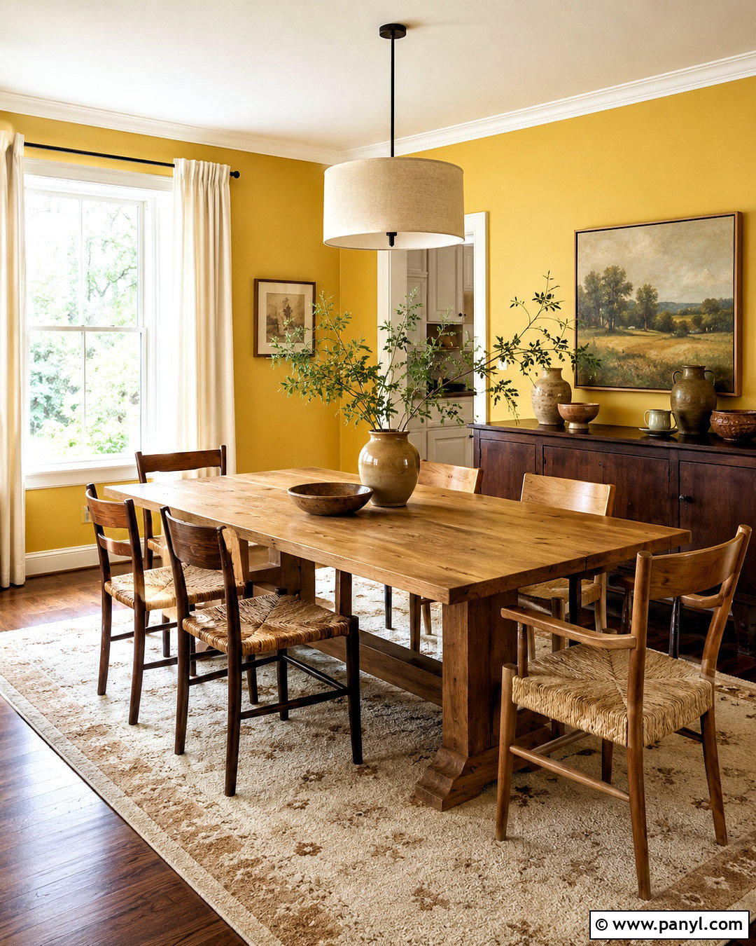 Yellow Dining Room With Wood Furniture - 35 Yellow Wall Room Ideas