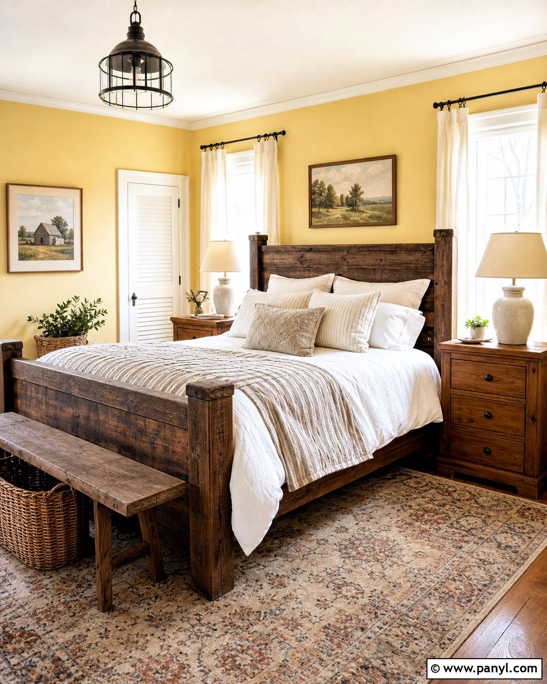 Yellow Farmhouse Bedroom With Wood Furniture - 20 yellow walls bedroom ideas