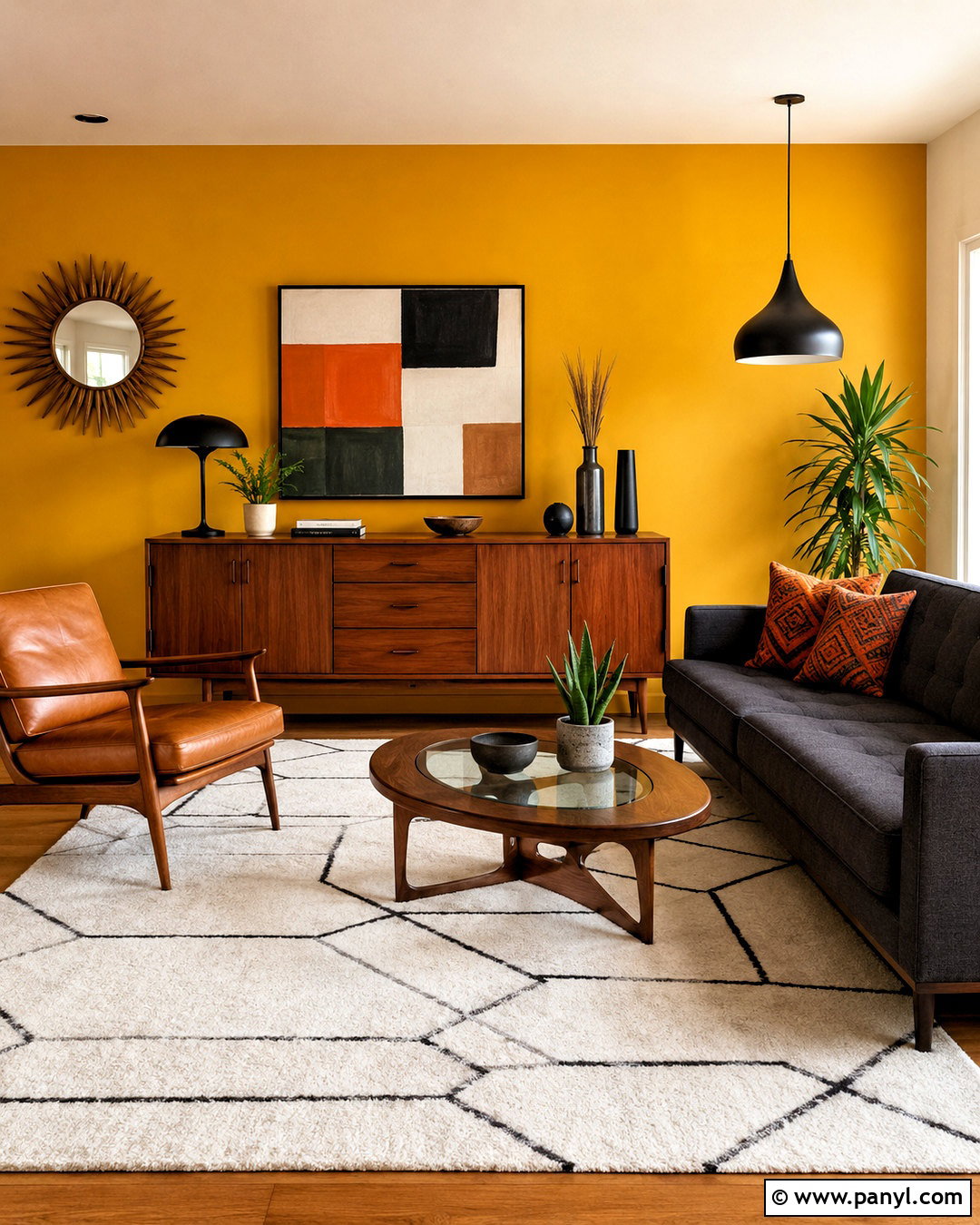 Yellow Feature Wall Midcentury Living Room - 35 yellow feature wall ideas
