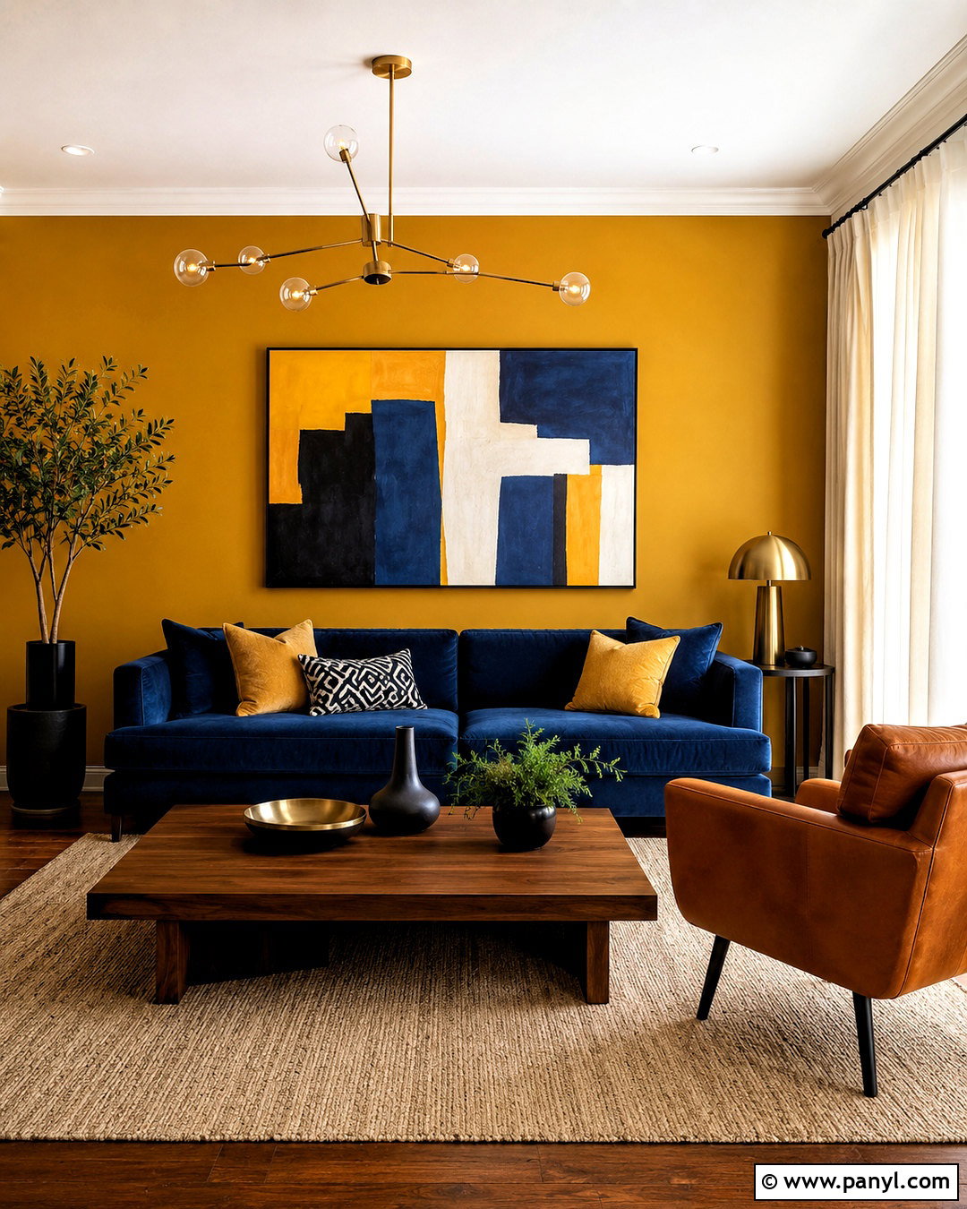 Yellow Feature Wall With Blue Sofa - 35 yellow feature wall ideas