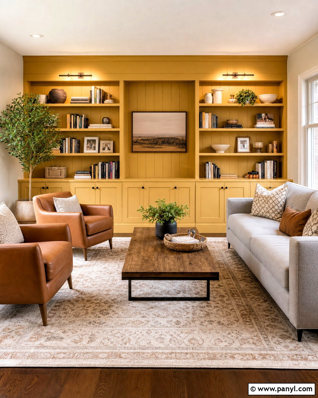 Yellow Feature Wall With Built-In Shelves - 20 yellow feature wall living room ideas