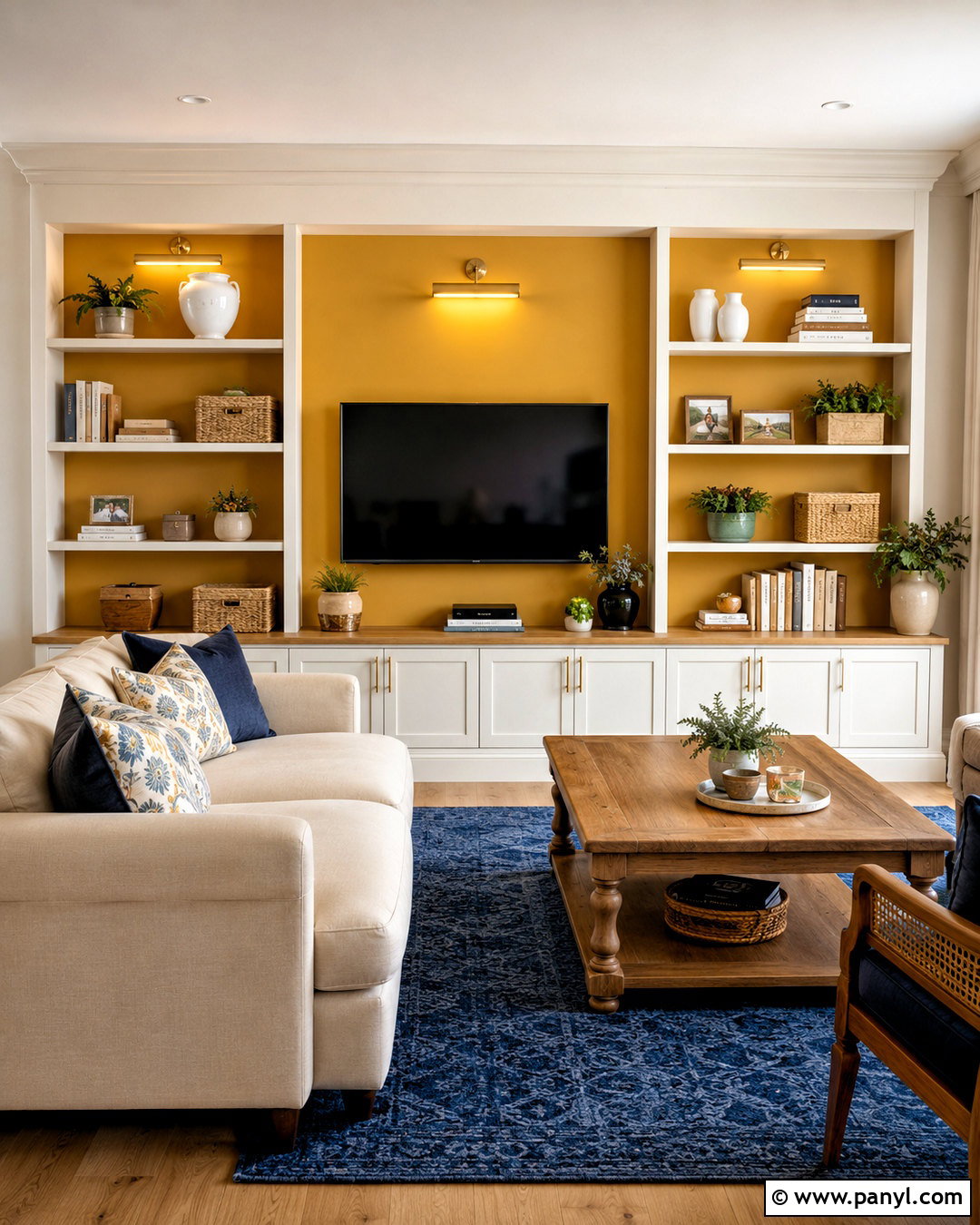Yellow Feature Wall With Built-In Shelves - 35 yellow feature wall ideas