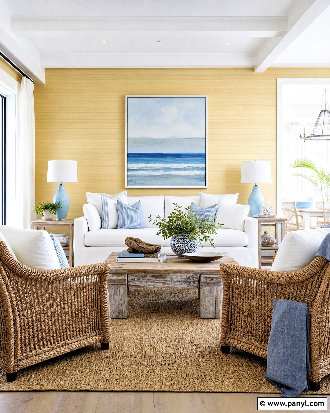 Yellow Feature Wall With Coastal Blue Decor - 20 yellow feature wall living room ideas