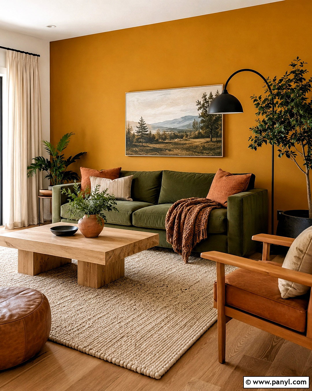 Yellow Feature Wall With Green Sofa - 35 yellow feature wall ideas