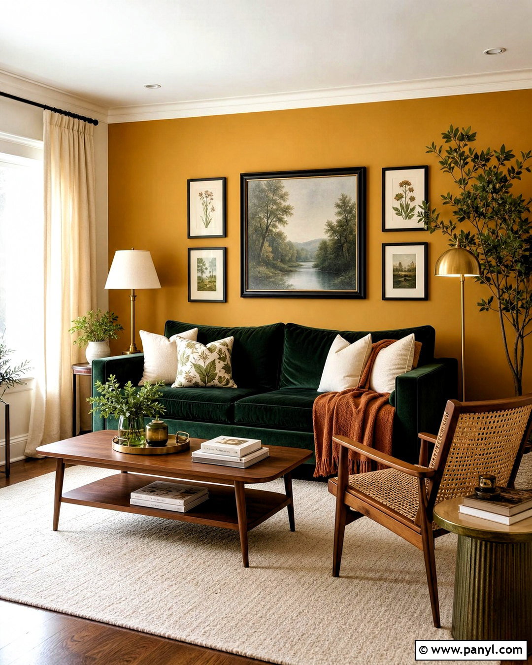 Yellow Feature Wall With Green Velvet Sofa - 20 yellow feature wall living room ideas