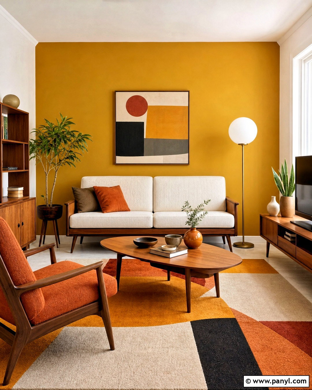 Yellow Feature Wall With Midcentury Furniture - 20 yellow feature wall living room ideas