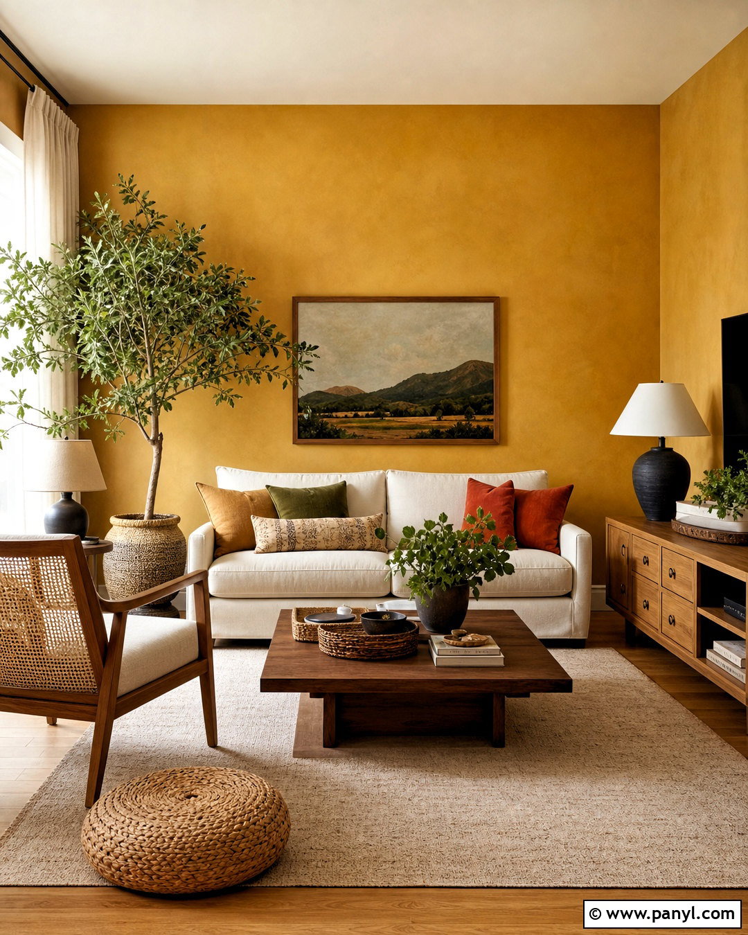 Yellow Feature Wall With Natural Wood Decor - 20 yellow feature wall living room ideas