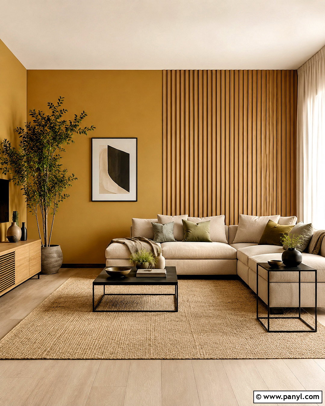 Yellow Feature Wall With Wood Slats - 35 yellow feature wall ideas