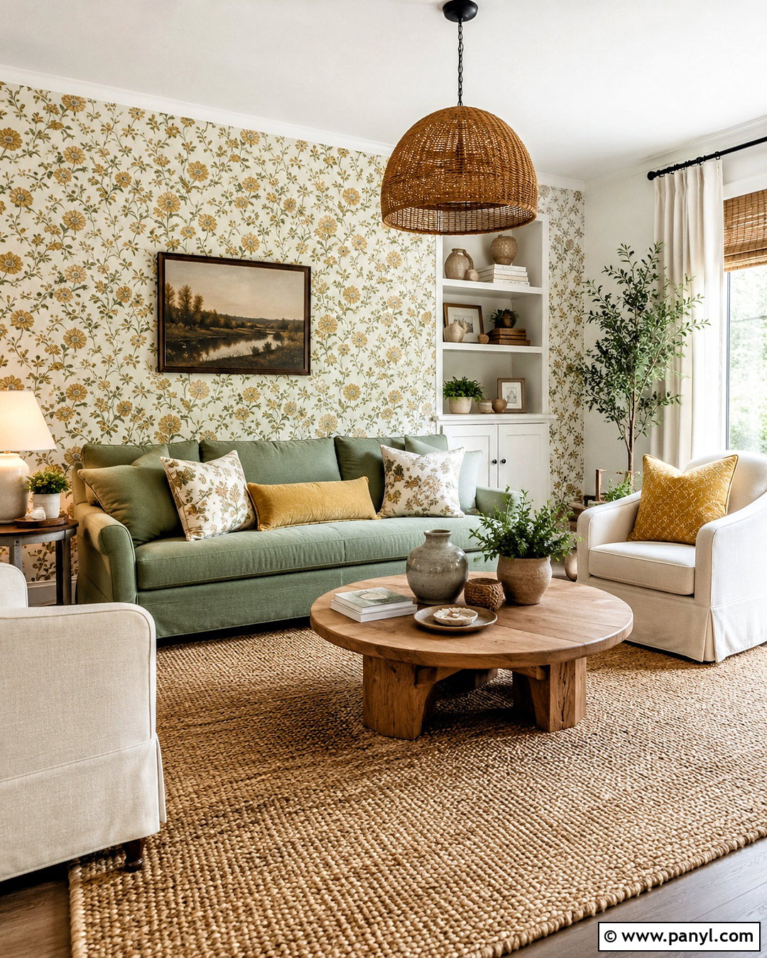 Yellow Floral Wallpaper Accent Wall - 20 cozy living room with yellow accent wall ideas