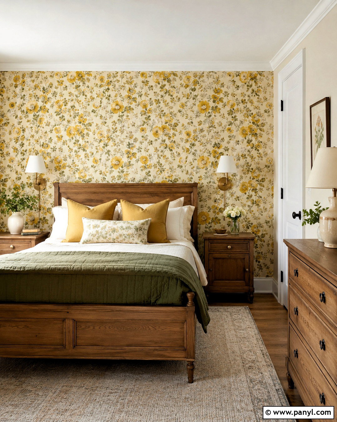 Yellow Floral Wallpaper Feature Wall - 35 yellow feature wall ideas