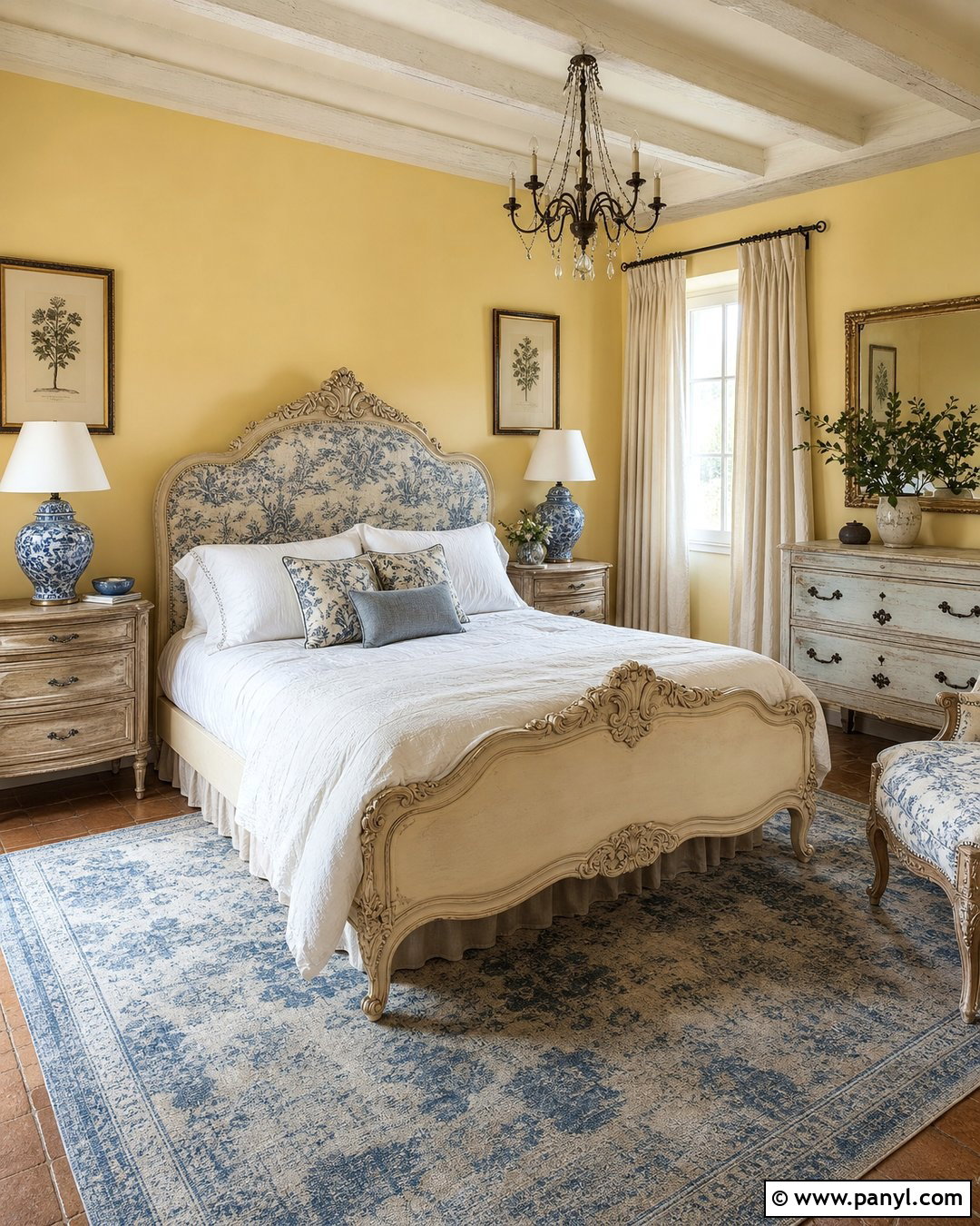 Yellow French Country Bedroom With Blue Toile - 20 French Country Yellow Walls