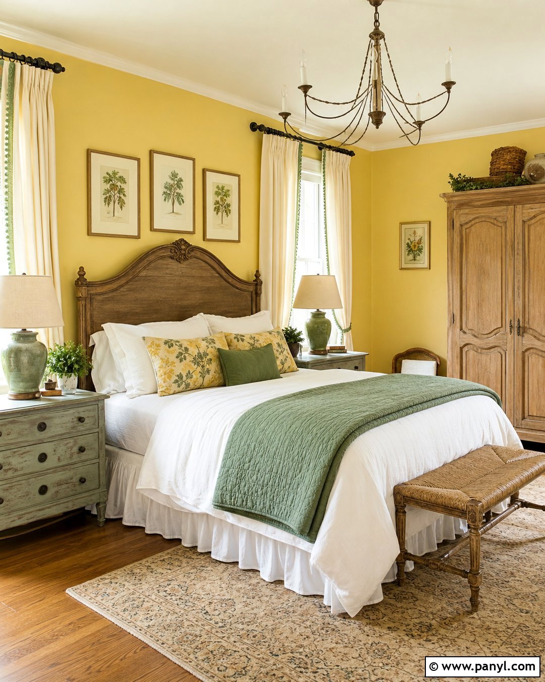 Yellow French Country Bedroom With Green Accents - 20 French Country Yellow Walls