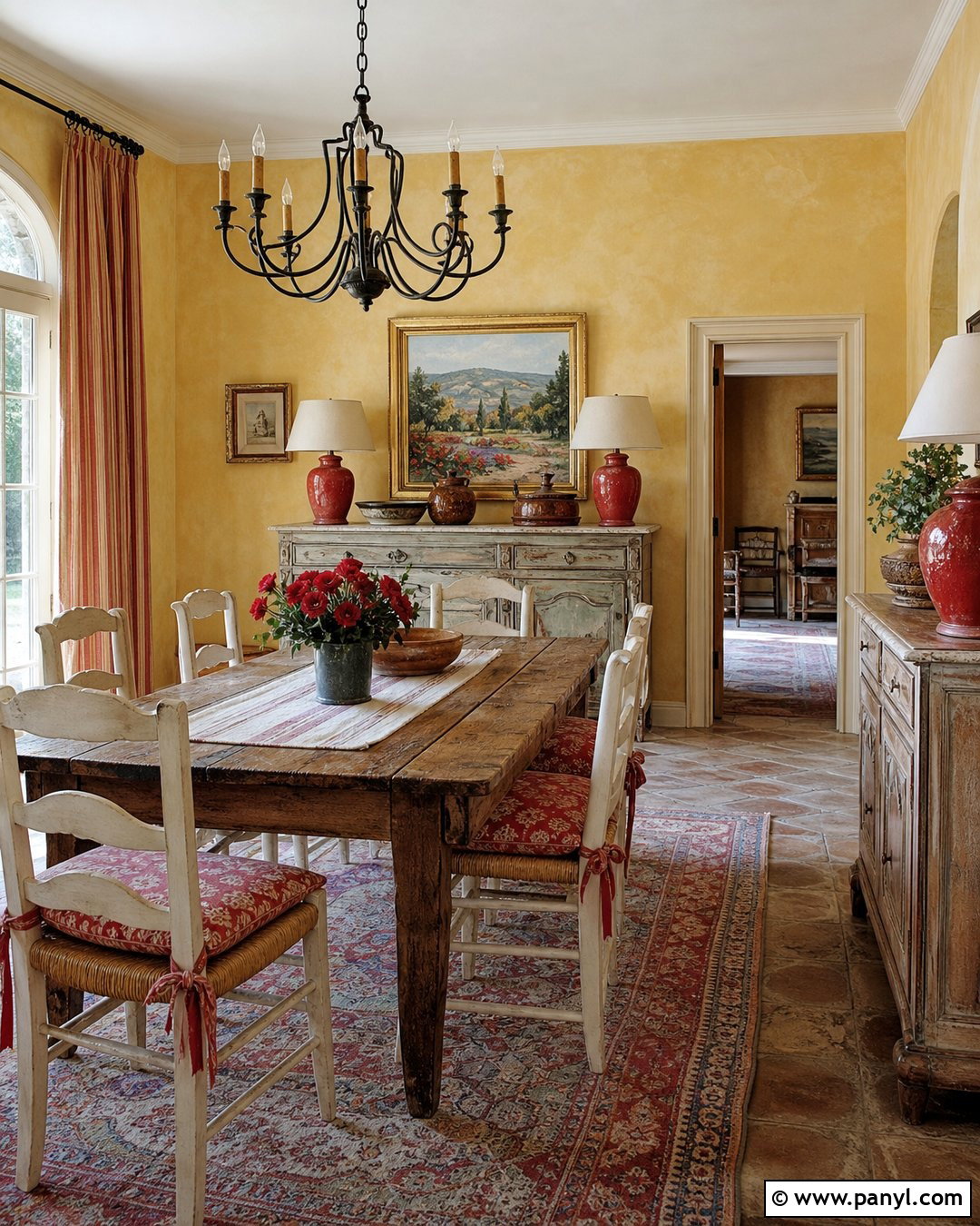 Yellow French Country Dining Room With Red Accents - 20 French Country Yellow Walls