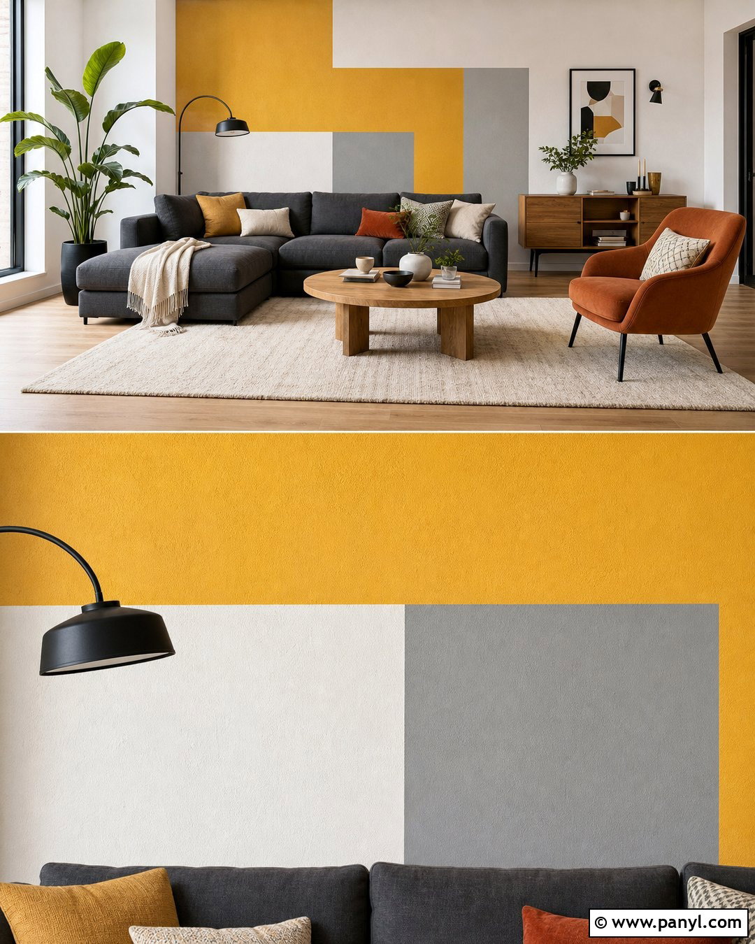 Yellow Geometric Accent Wall With Gray Sectional - 25 Yellow Accent Wall Living Room Ideas