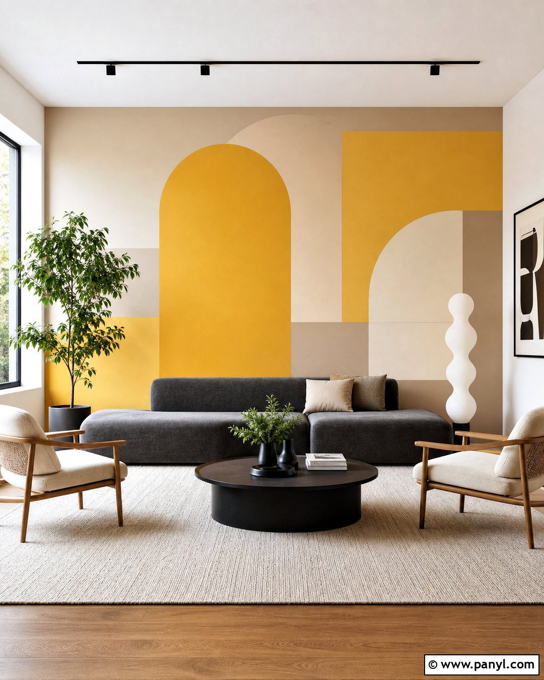Yellow Geometric Feature Wall With Modern Furniture - 20 yellow feature wall living room ideas