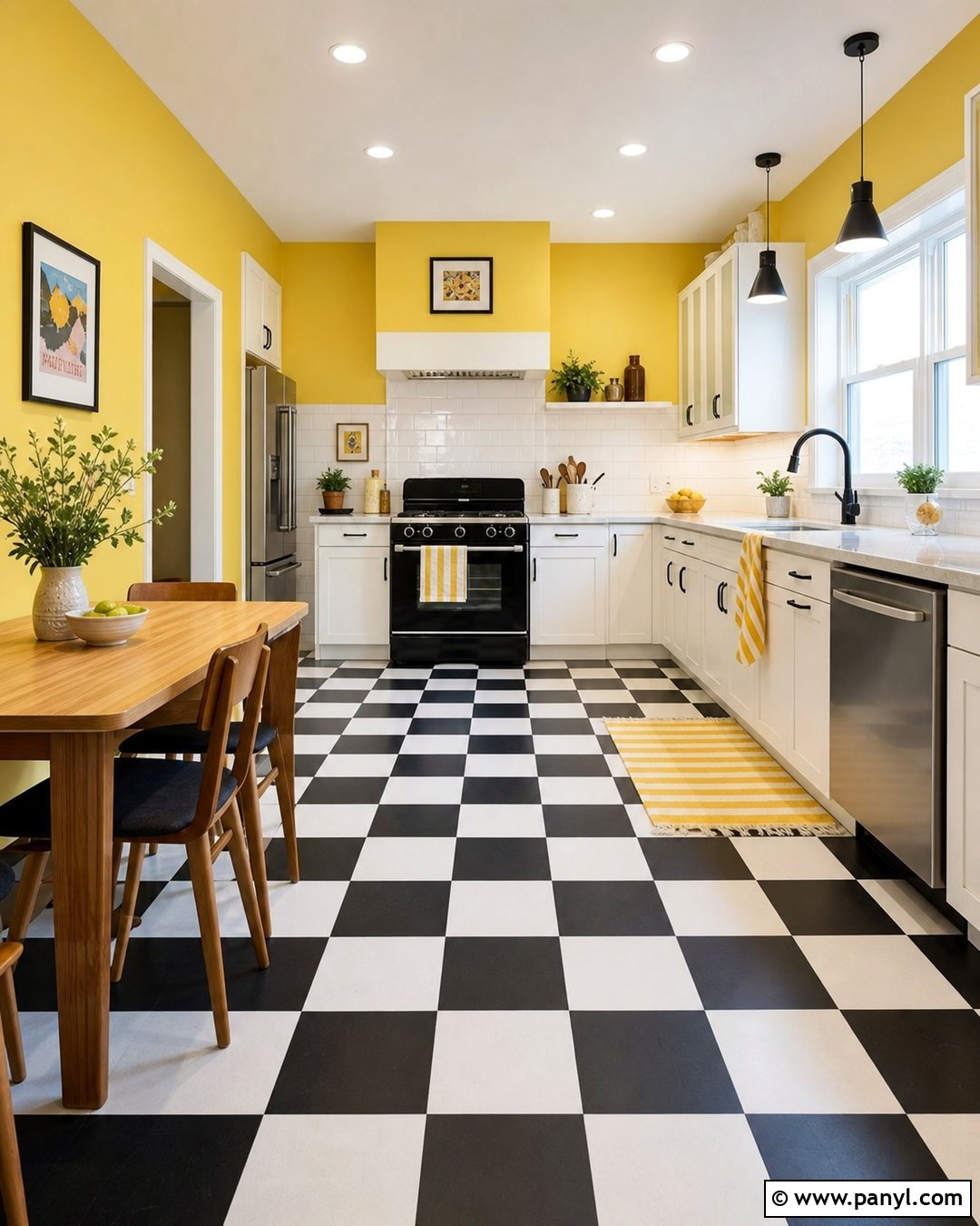 Yellow Kitchen Walls With A Black And White Floor - 30 Kitchen Yellow Walls