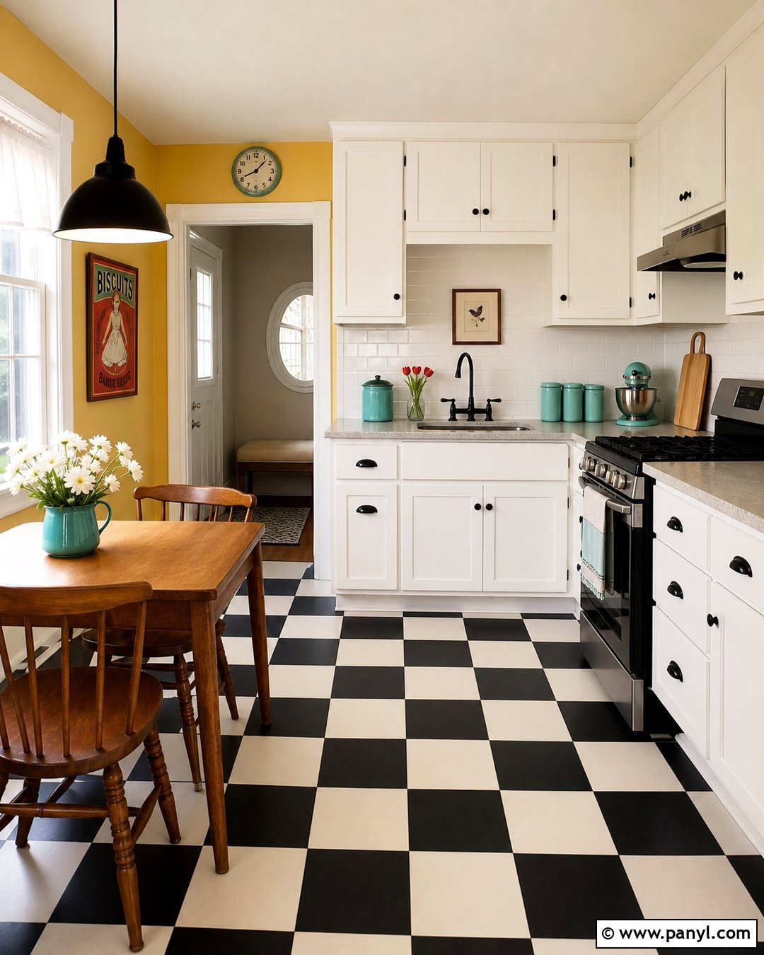 Yellow Kitchen Walls With Black And White Flooring - 30 Yellow Wall Kitchen Ideas