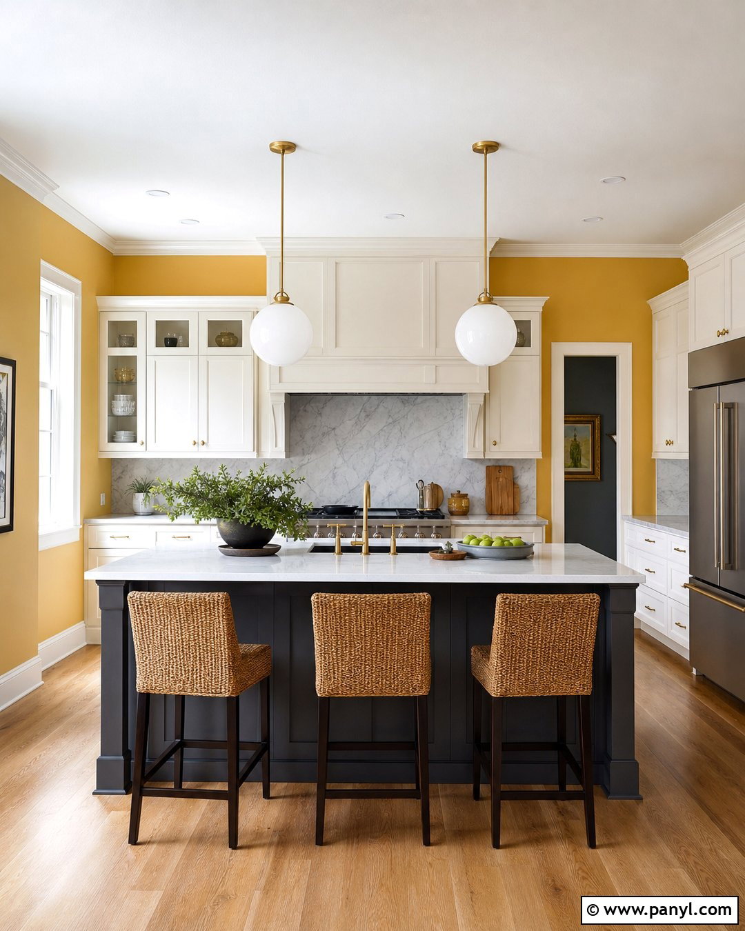 Yellow Kitchen Walls With Brass Hardware - 30 Yellow Wall Kitchen Ideas
