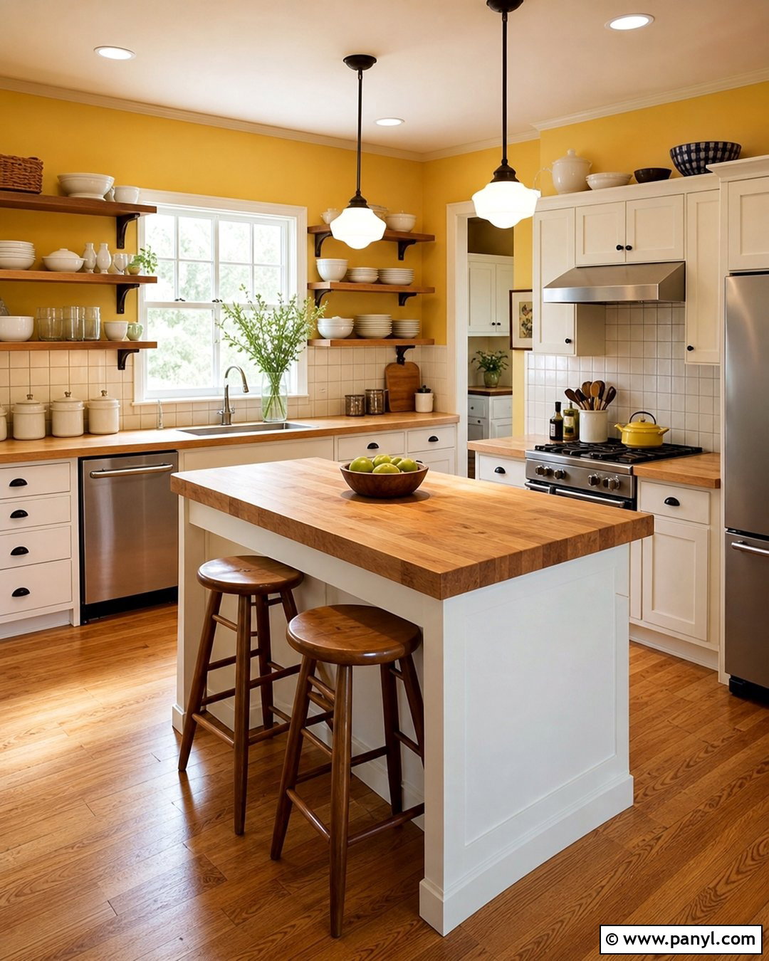 Yellow Kitchen Walls With Butcher-Block Counters - 45 Yellow Kitchen Walls