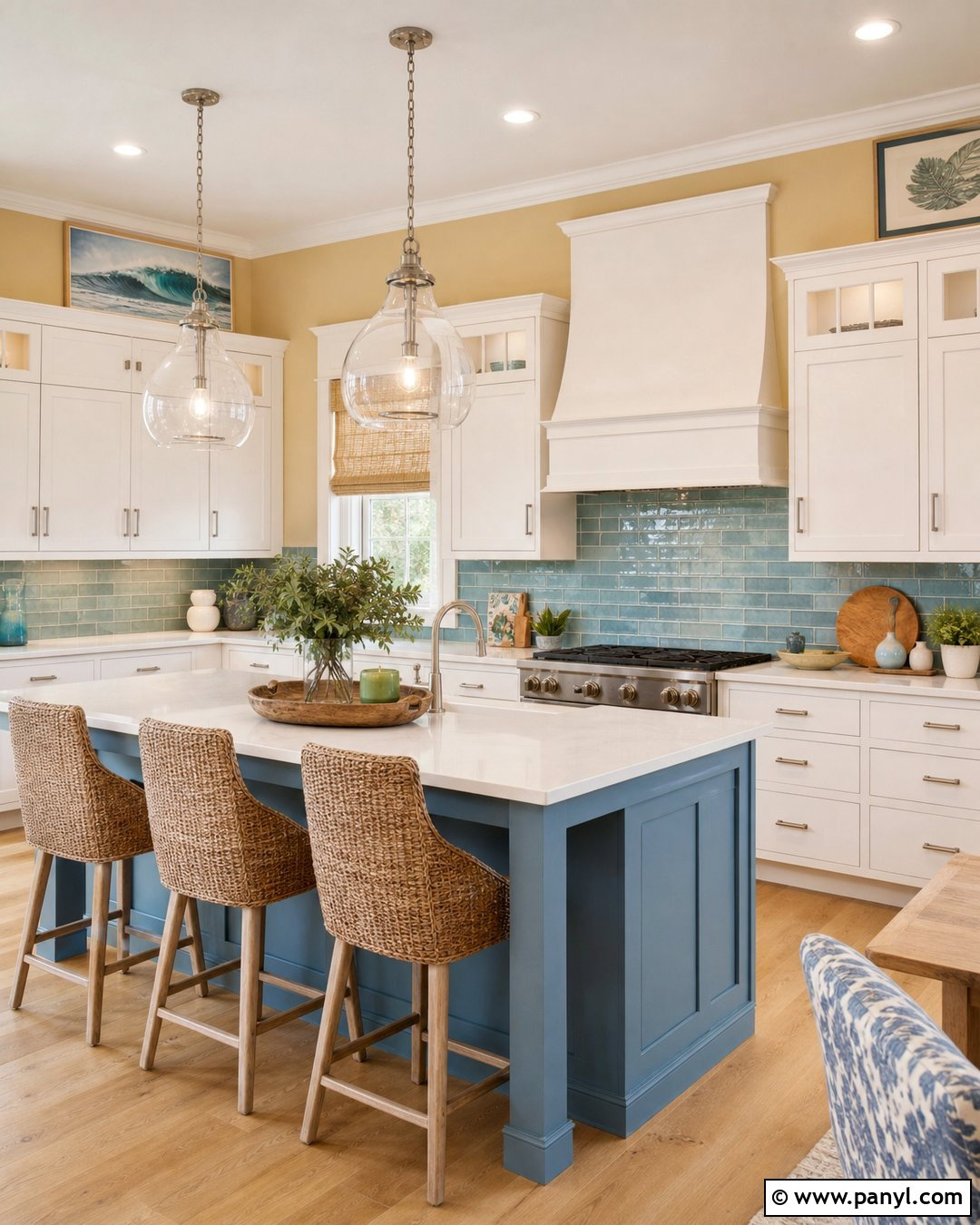 Yellow Kitchen Walls With Coastal Blue Decor - 30 Yellow Wall Kitchen Ideas