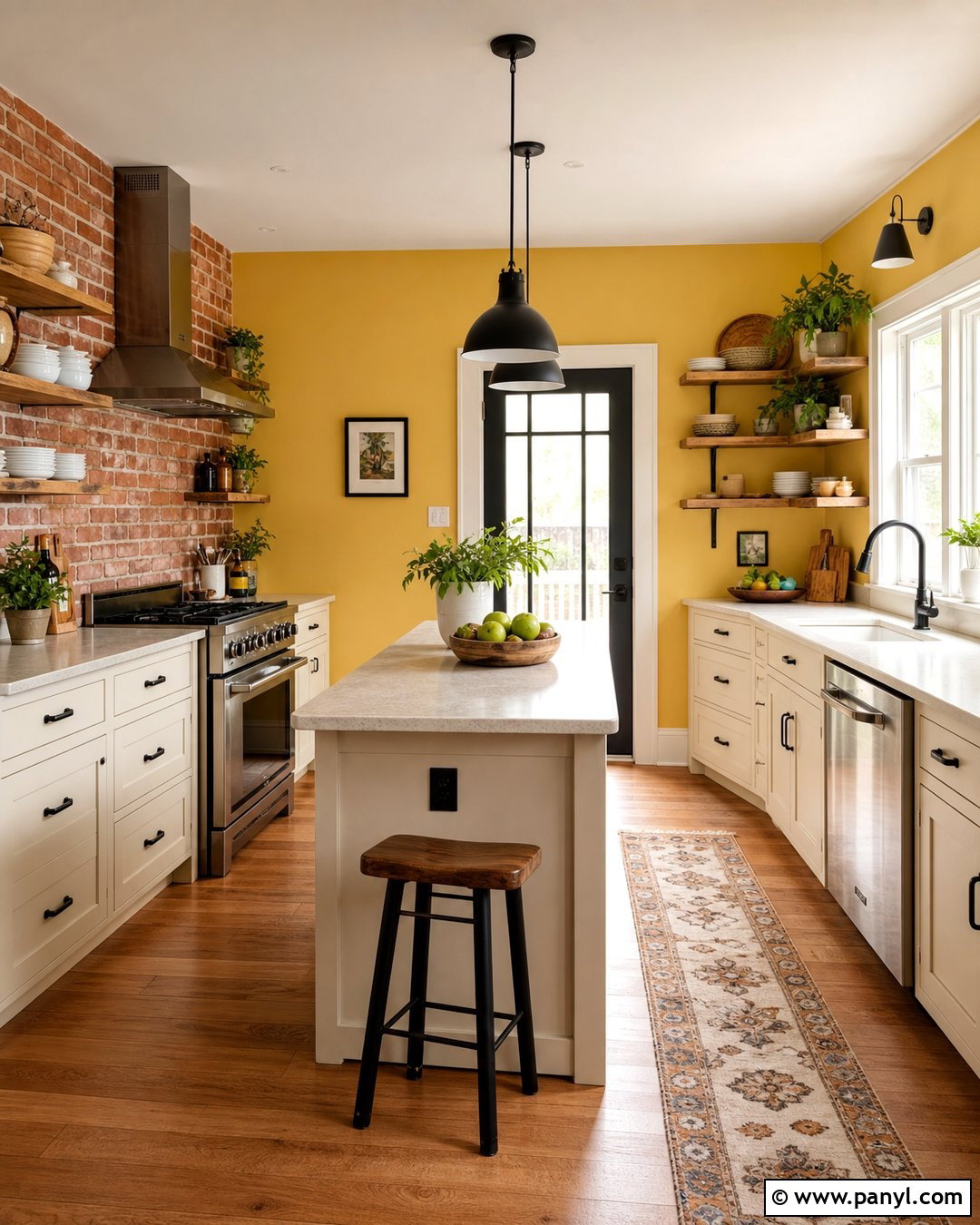 Yellow Kitchen Walls With Exposed Brick - 45 Yellow Kitchen Walls