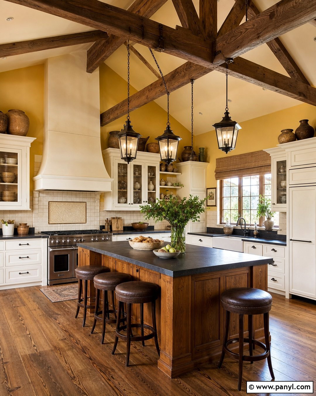 Yellow Kitchen Walls With Rustic Wood Beams - 30 Yellow Wall Kitchen Ideas
