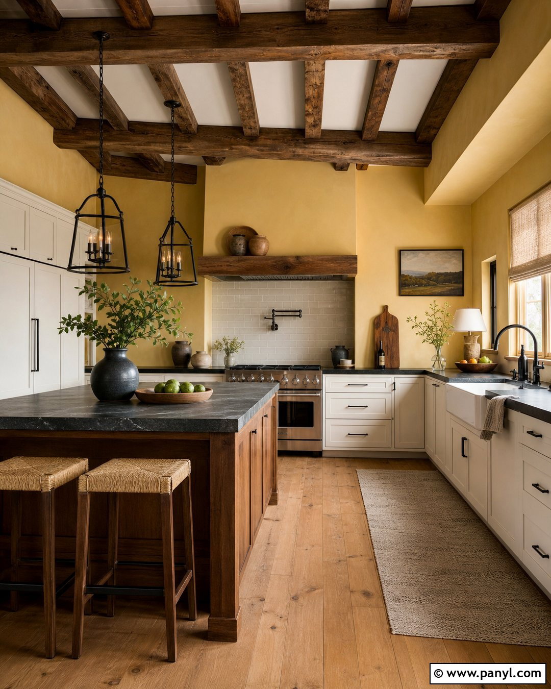 Yellow Kitchen Walls With Wood Ceiling Beams - 30 Kitchen Yellow Walls