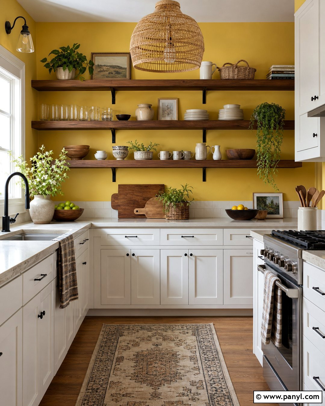 Yellow Kitchen Walls With Wood Shelves - 30 Yellow Wall Kitchen Ideas