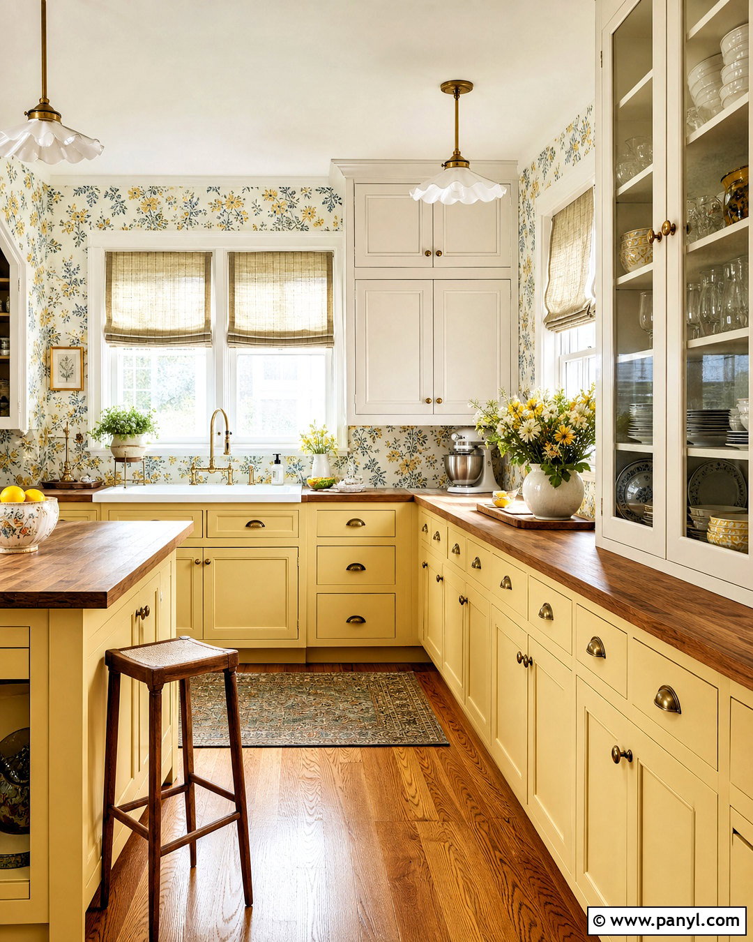 Yellow Kitchen With Floral Wallpaper - 20 vintage yellow kitchen ideas