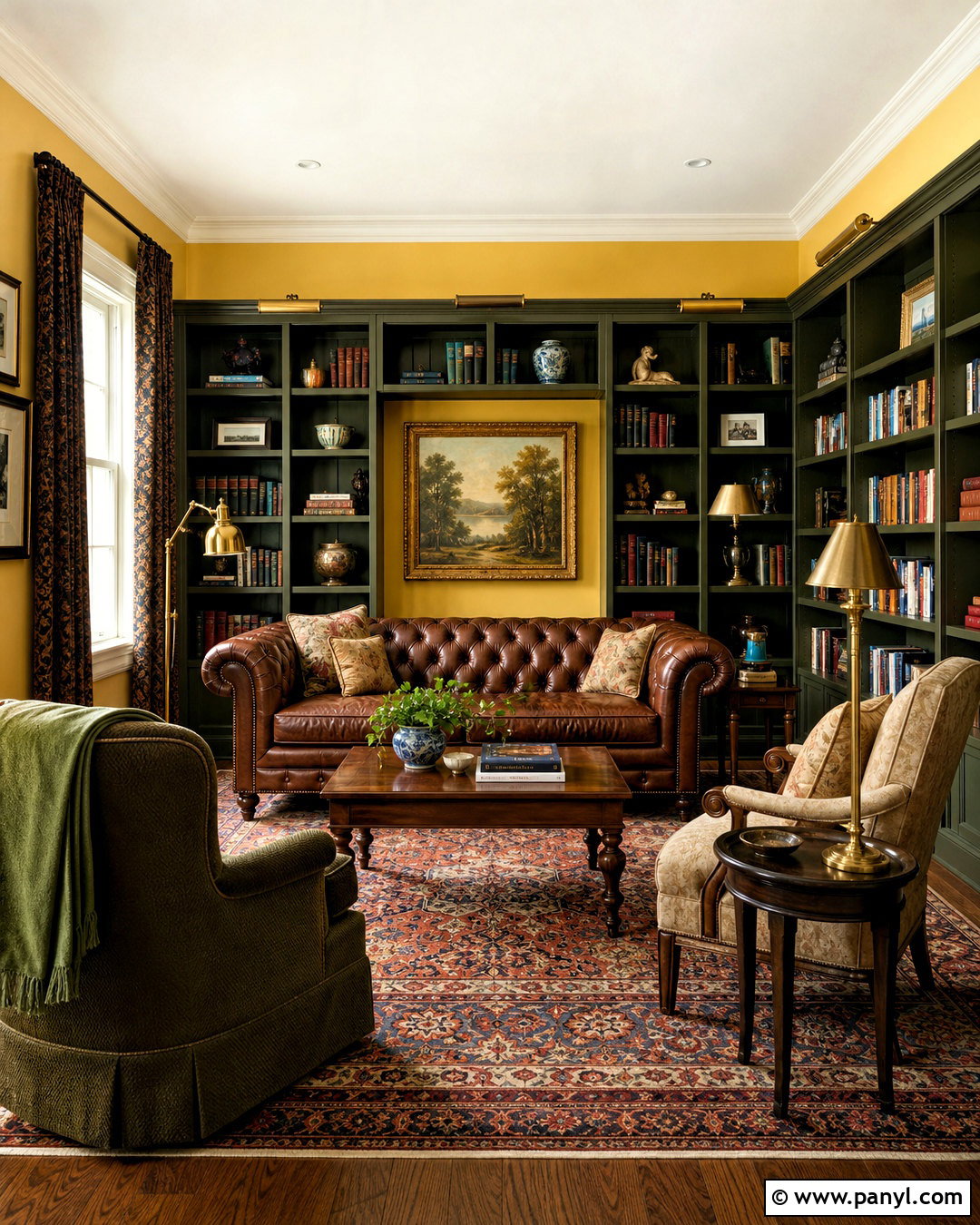 Yellow Library With Built-In Bookshelves - 20 home decor inspiration yellow walls