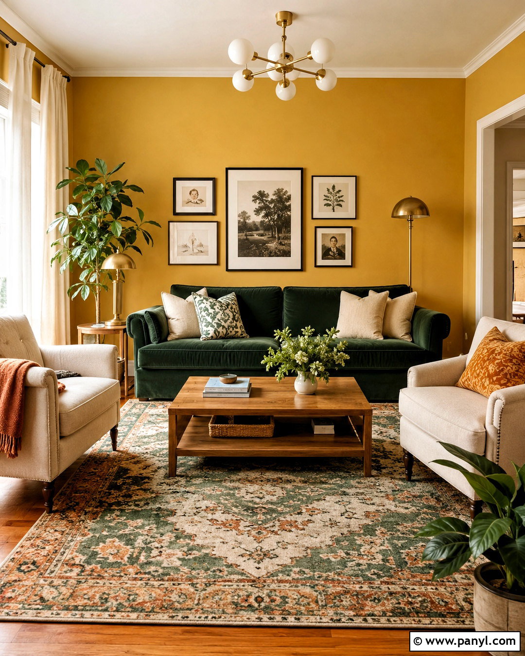 Yellow Living Room With Green Sofa - 35 Yellow Wall Room Ideas