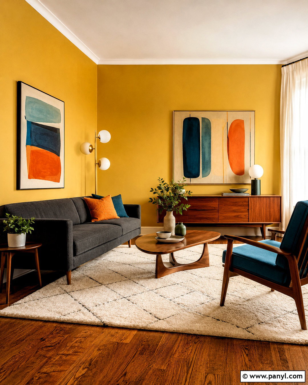 Yellow Midcentury Modern Living Room - 35 Yellow Wall Room Ideas