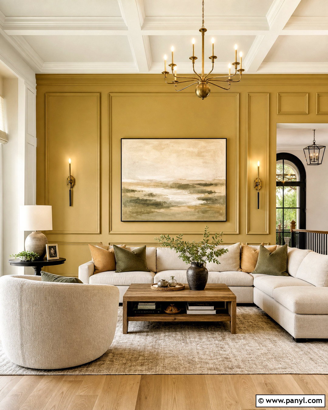 Yellow Paneled Feature Wall With Beige Sectional - 20 yellow feature wall living room ideas