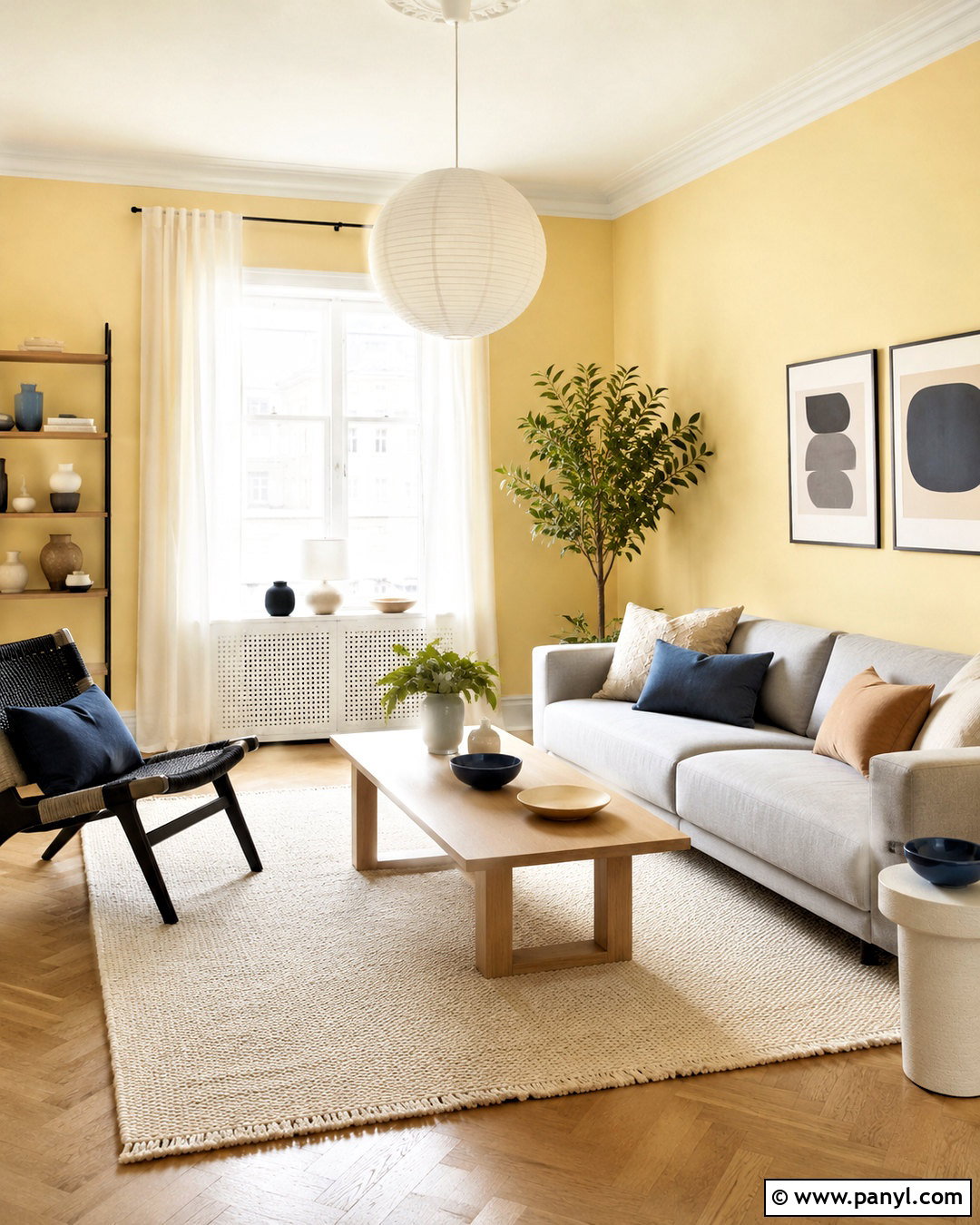Yellow Scandinavian Living Room - 35 Yellow Wall Room Ideas
