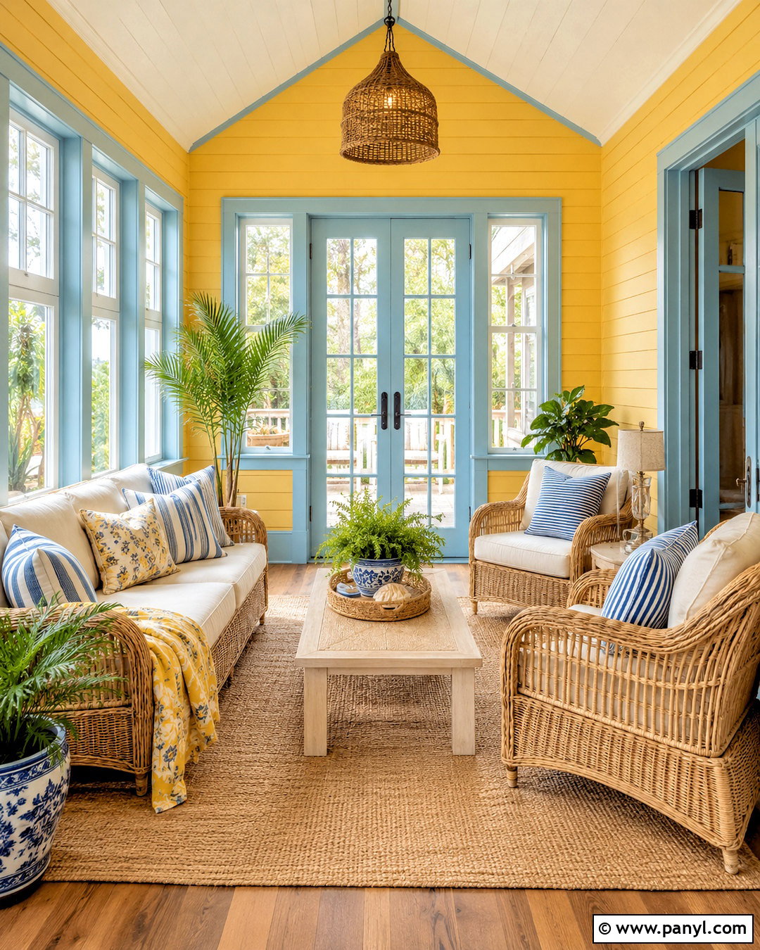 Yellow Sunroom With Blue Window Trim - 20 Yellow Wall With Blue Trim Ideas