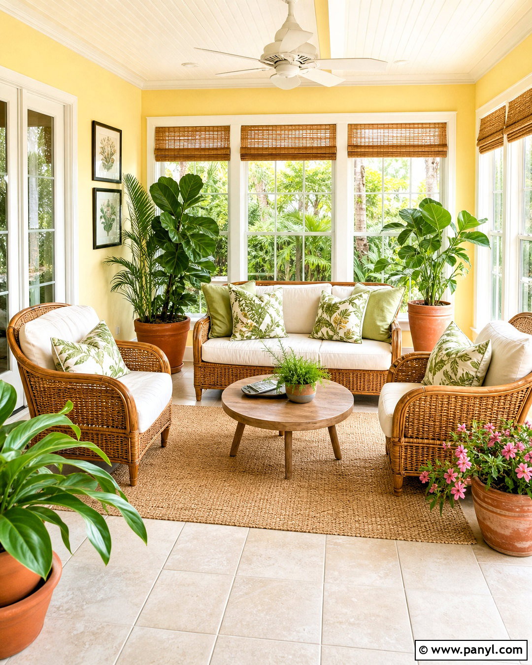 Yellow Sunroom With Rattan Furniture - 20 home decor inspiration yellow walls