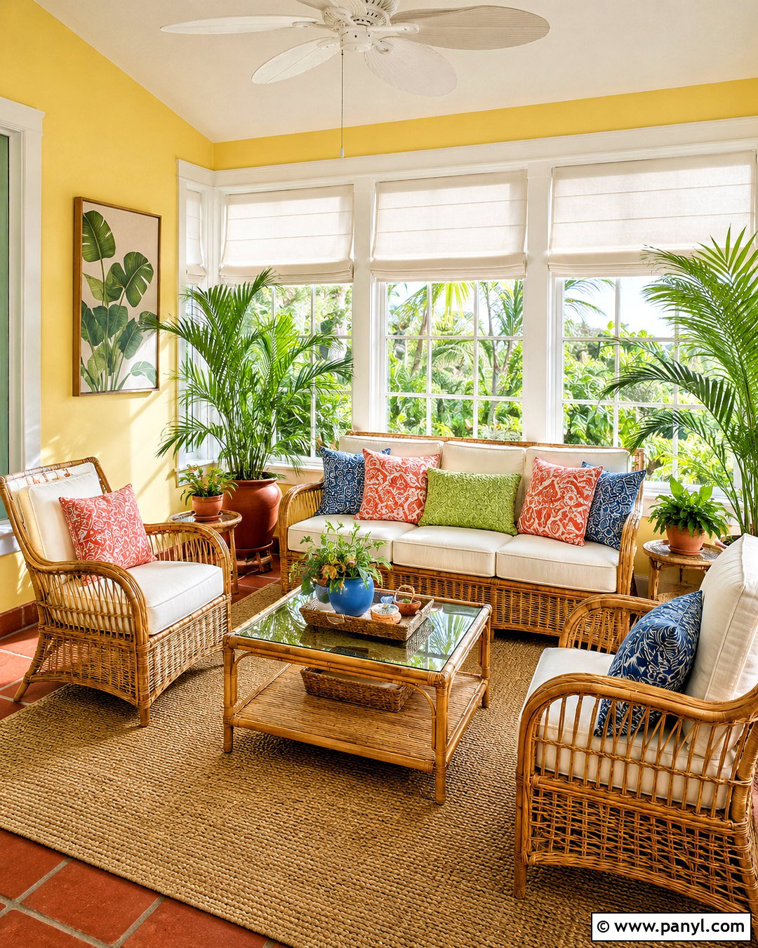 Yellow Sunroom With Rattan Furniture - 35 Yellow Wall Room Ideas