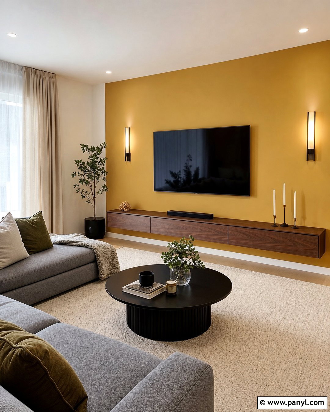 Yellow TV Accent Wall With Floating Console - 25 Yellow Accent Wall Living Room Ideas